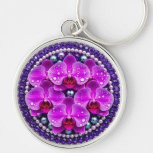 Circular Purple Orchid Floral Arrangement Keychain