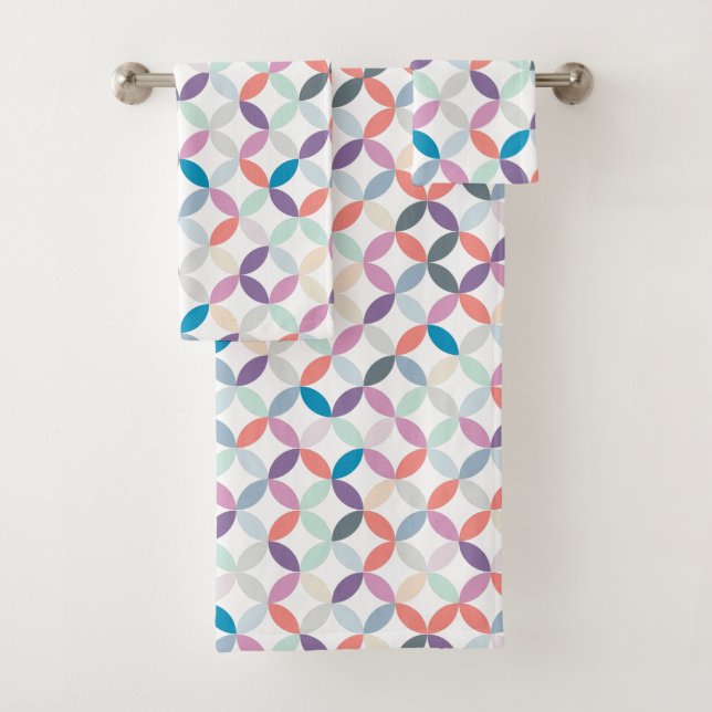 Circular quartered pattern cool tone colours bath towel set (Insitu)