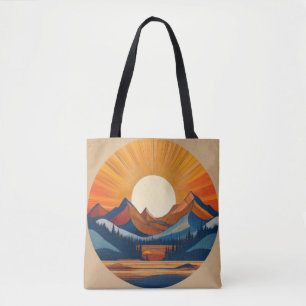 Circular Radiant Sun and Mountain Landscape Tote Bag