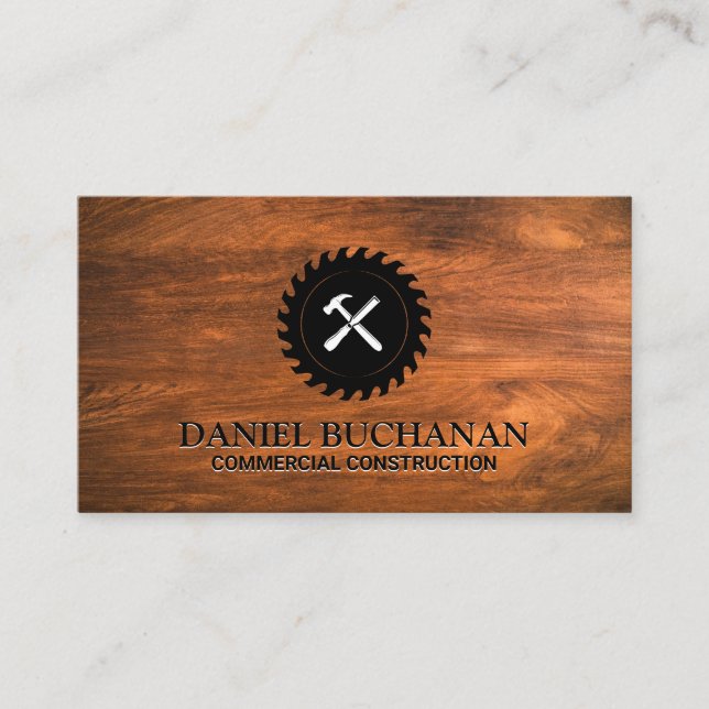 Circular Saw and Hammer | Wood Business Card (Front)