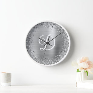 Circular Silver Glitter and Foil Monogram Clock