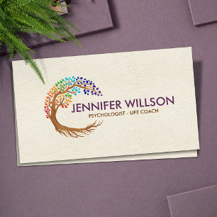 Circular tree with rainbow chakra leaves business card