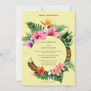 Circular Tropical Hawaiian Floral Wedding- Yellow Invitation
