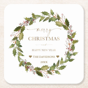 Circular Winter Berries Green Foliage Christmas Square Paper Coaster