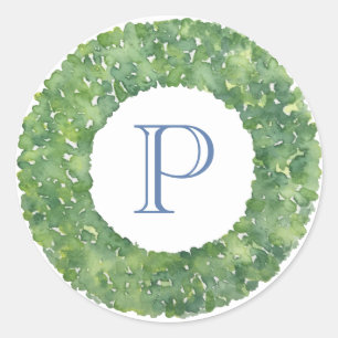 Circular Winter Greenery Wreath Monogram Blue Classic Round Sticker