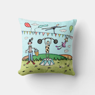 Circus Acrobats, Clown and Strongman Throw Pillow