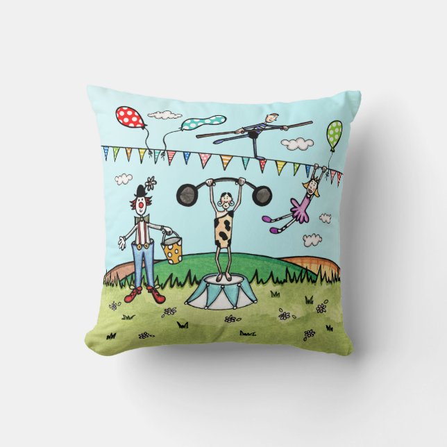 Circus Acrobats, Clown and Strongman Throw Pillow (Front)