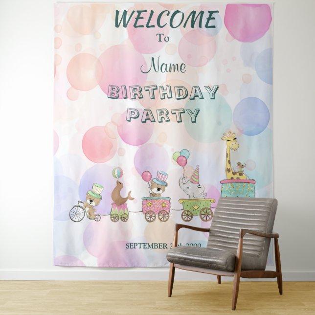 Circus Animals Birthday Party Backdrop Tapestry (In Situ)