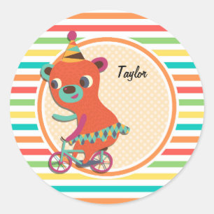 Circus Bear; Bright Rainbow Stripes Classic Round Sticker