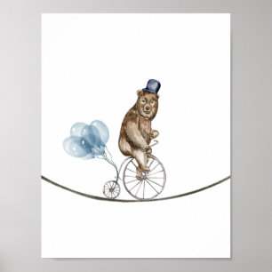 Circus Bear On A Bike With Blue Balloons Nursery Poster