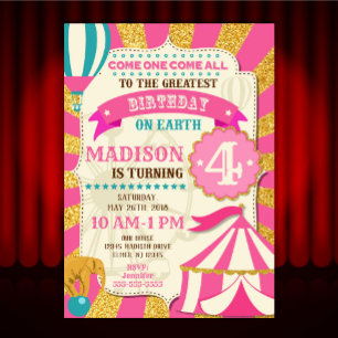 Circus Birthday Invitation Carnival Pink Gold