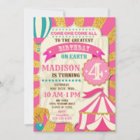 Circus Birthday Invitation Carnival Pink Gold