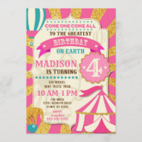 Circus Birthday Invitation Carnival Pink Gold