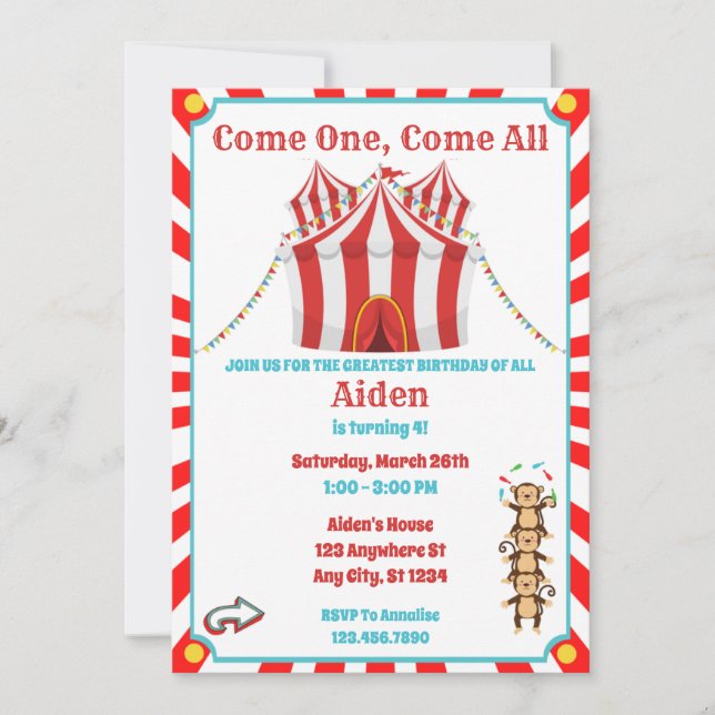 Circus Birthday Invitation For Boys (Front)