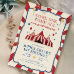 Circus Birthday Party Carnival 1st Birthday Invitation<br><div class="desc">Circus Birthday Party Carnival 1st Birthday Invitation Step right up and get ready for a spectacular celebration! This whimsical and colourful invitation features a playful circus theme, complete with adorable balloon, big top tents, and carnival elements. This budget choice will ensure that your guests will be impressed and excited to...</div>