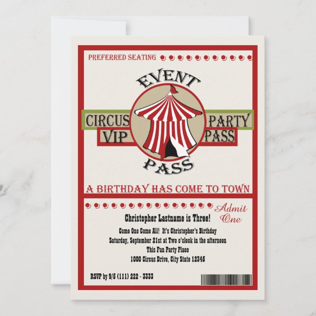 Circus Birthday Party Event Pass Invitation (Front)
