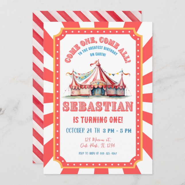 Circus Carnival 1st Birthday Party Invitation (Front/Back)