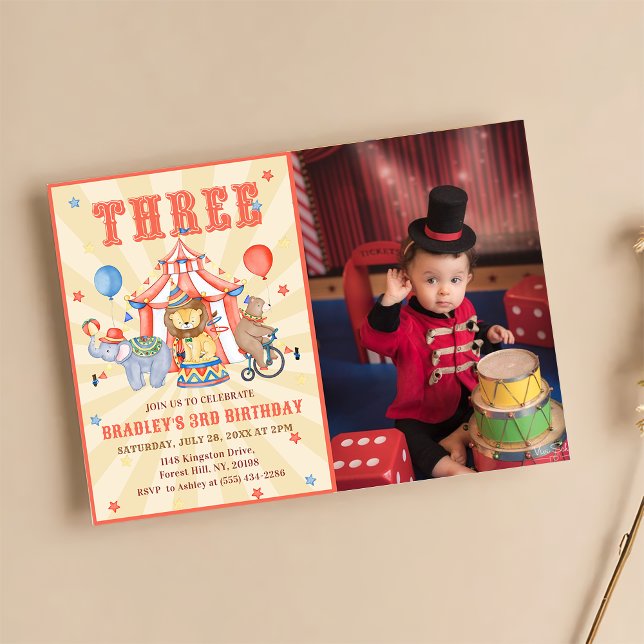 Circus Carnival & Animals 3rd Birthday Party Photo Invitation (Creator Uploaded)