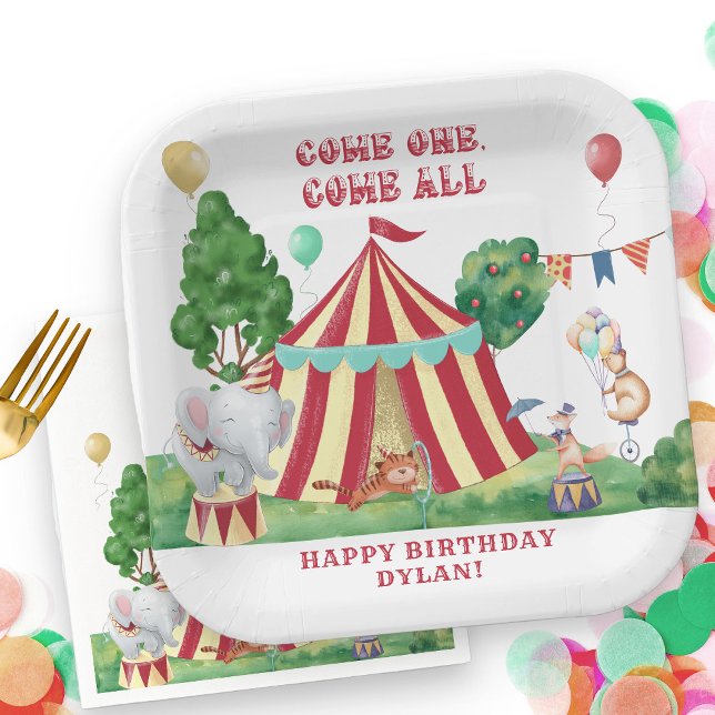 Circus Carnival Animals and Big Top Personalized Paper Plate (Circus Themed Paper Plates personalized for Kids Birthday)