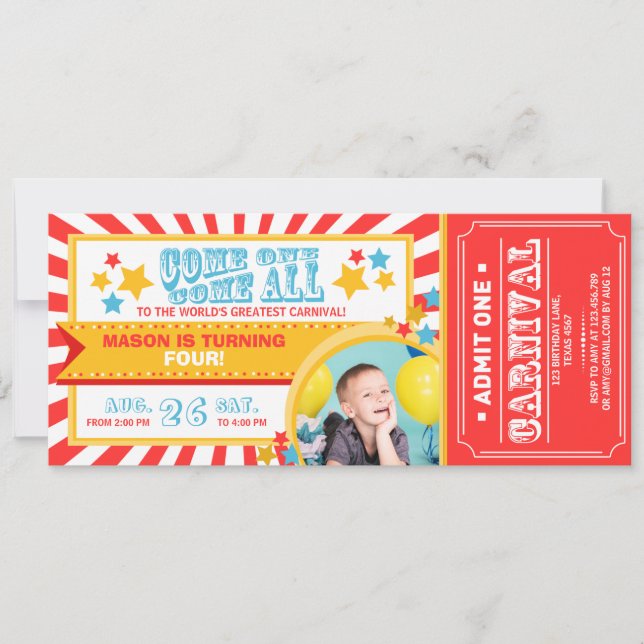 Circus carnival birthday invitation ticket Boy (Front)