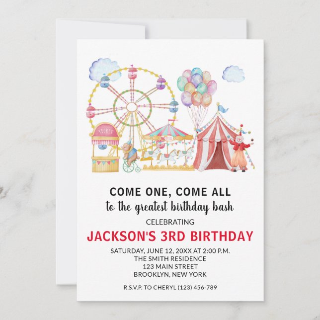 Circus Carnival Birthday Party Invitation (Front)