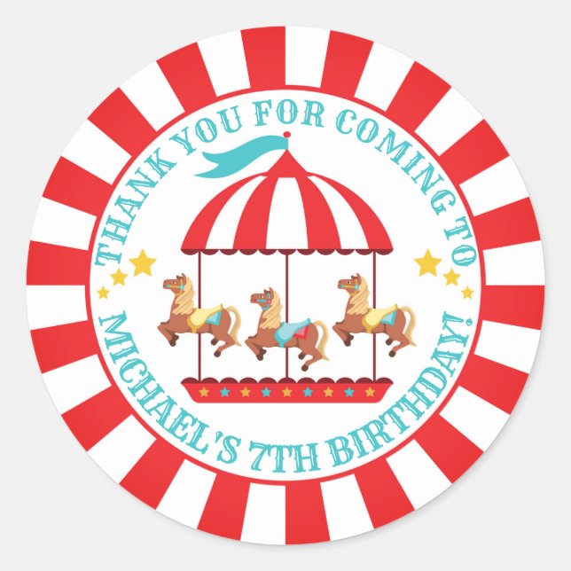 Circus Carnival Birthday Round Label Sticker (Front)