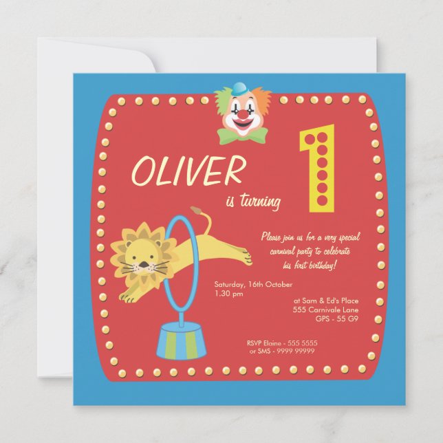 Circus Carnival Clown First (1st) Birthday Party Invitation (Front)