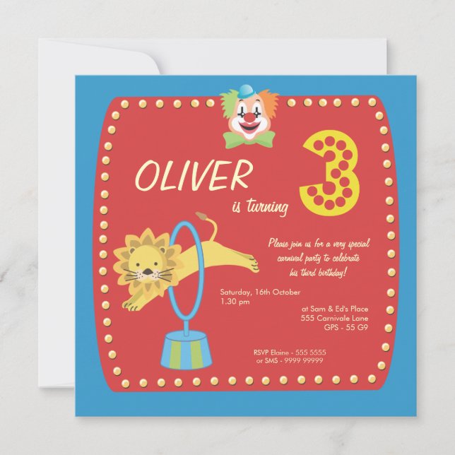 Circus Carnival Clown Third 3rd Birthday Party Invitation (Front)