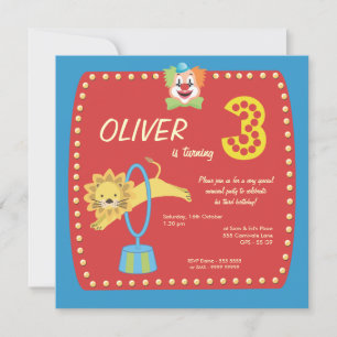 Circus Carnival Clown Third 3rd Birthday Party Invitation