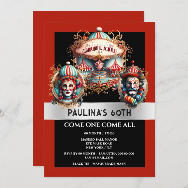 Circus carnival clowns sign adults theme birthday invitation (Front/Back)