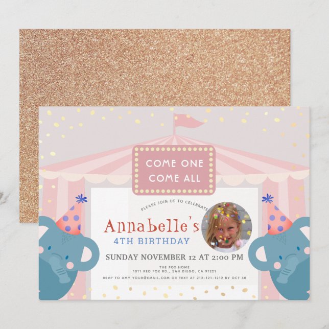 Circus Carnival Elephant Pink Girl Photo Birthday Invitation (Front/Back)