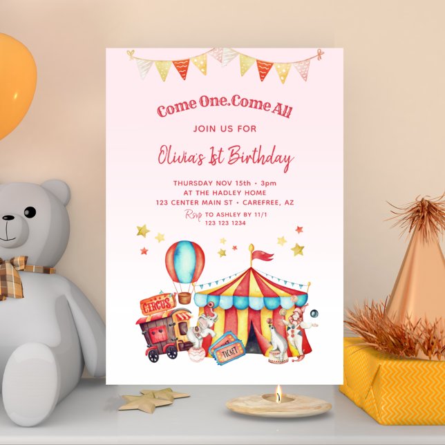 Circus Carnival Girls 1st Birthday Invitation (Creator Uploaded)