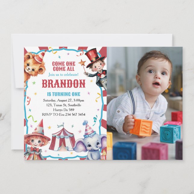 Circus Carnival Photo 1st Birthday Invitation (Front)