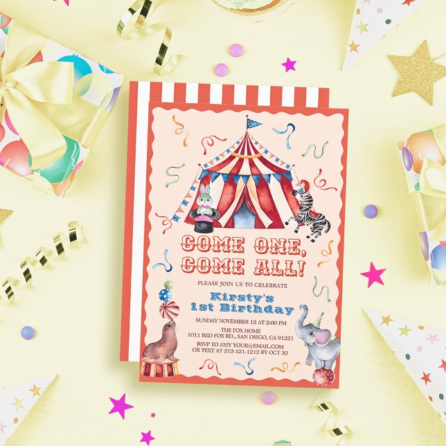 Circus Carnival Tent Animals 1st Birthday Invitation (Creator Uploaded)
