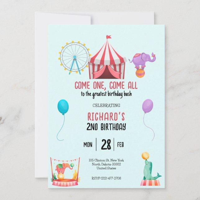 Circus Carnival Theme Kid's Birthday Party Invitation (Front)