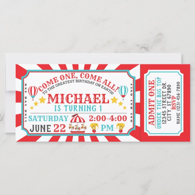Circus Carnival Ticket Birthday Invitation (Front)