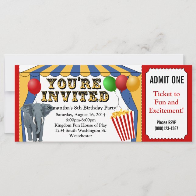 Circus Carnival Ticket Custom Invitations (Front)
