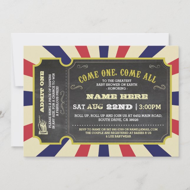 Circus Carnival Ticket Red Blue Baby Shower Invite (Front)