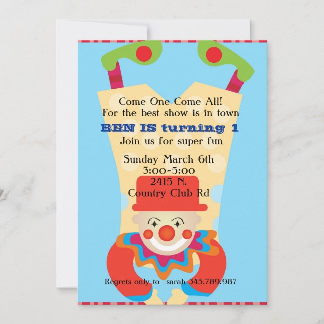 Circus Clow upside down birthday invitation (Front)
