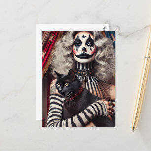 Circus Clown and a Black Kitty Postcard