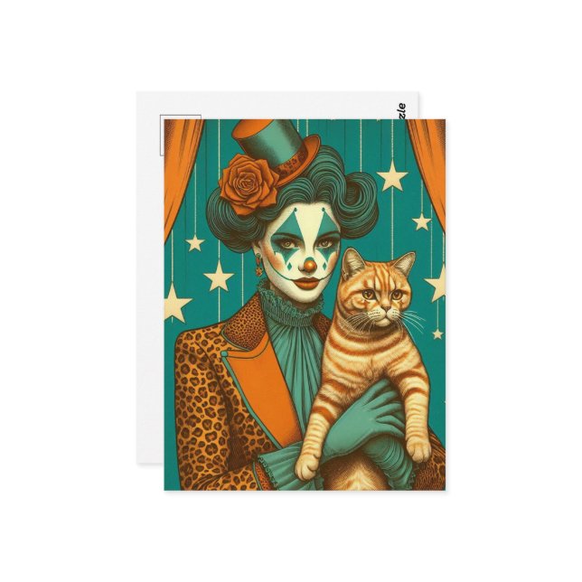 Circus Clown and a Ginger Kitty Postcard (Front/Back In Situ)