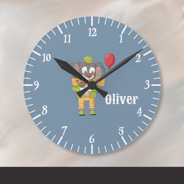 Circus Clown Elephant Blue Kid Wall Clock (Circus clown elephant nursery room blue wall clock with name . )
