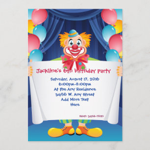 Circus Clown Kids Birthday Party Invitation 5x7"