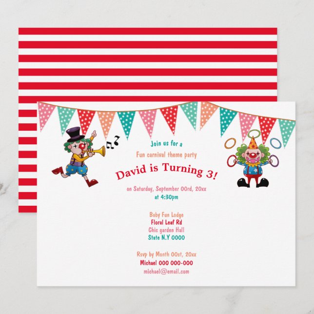 Circus clowns colourful carnival bunting kids pro invitation (Front/Back)