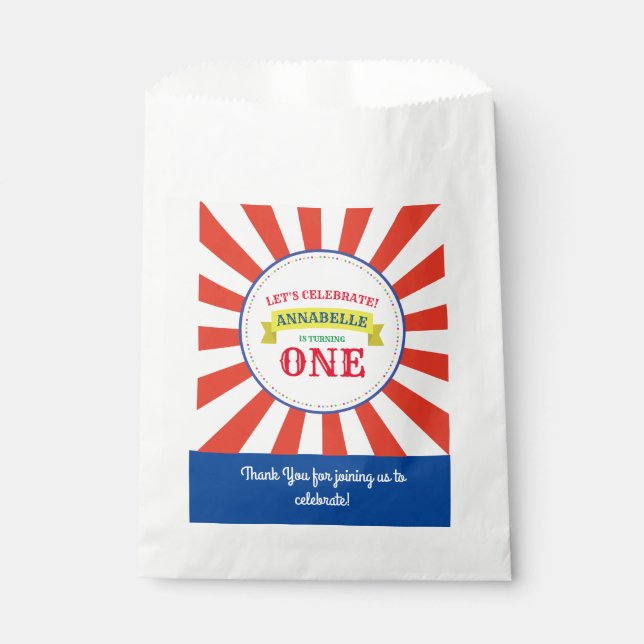 Circus Cute Colourful 1st Birthday Party Theme Favour Bag (Front)