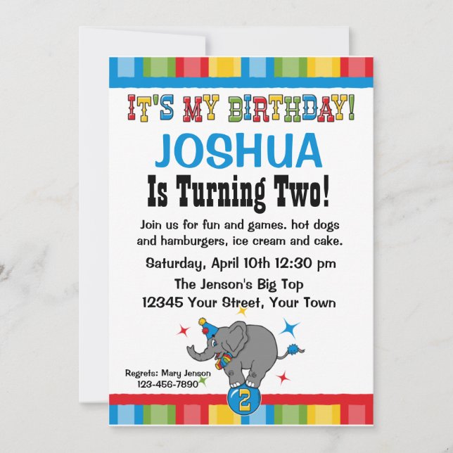 Circus Elephant 2nd Birthday Custom Invitations (Front)