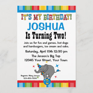 Circus Elephant 2nd Birthday Custom Invitations