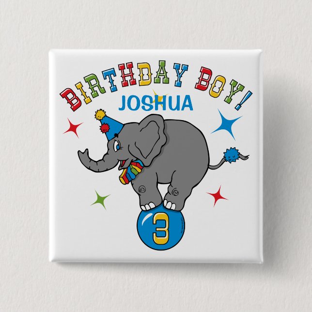 Circus Elephant 3rd Birthday 2 Inch Square Button (Front)