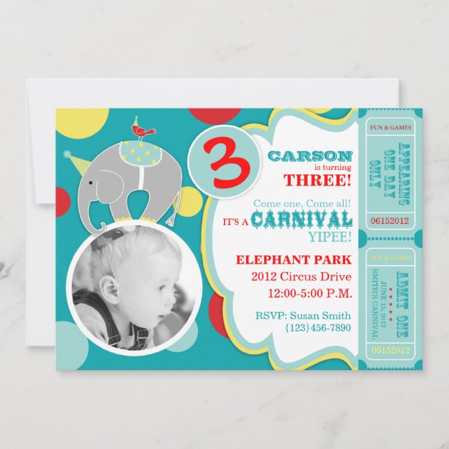 Circus Elephant Birthday Invitation Card A7 (Front)