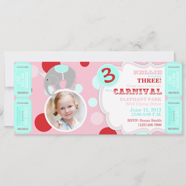 Circus Elephant Birthday Invitation Pink (Front)